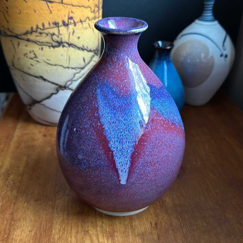 Studio Art Pottery Hand Made Bottle Neck Vase Drip Glaze Purple Blue 7”H